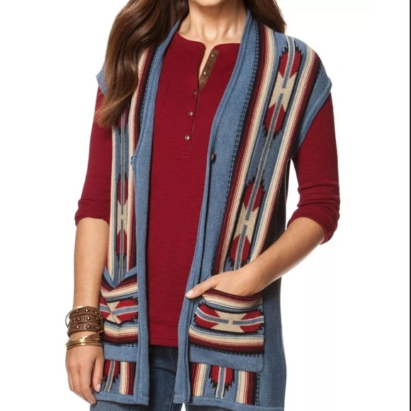 Chaps 1X Sweater Vest Cardigan Aztec Western Long Sleeveless - Picture 1 of 10